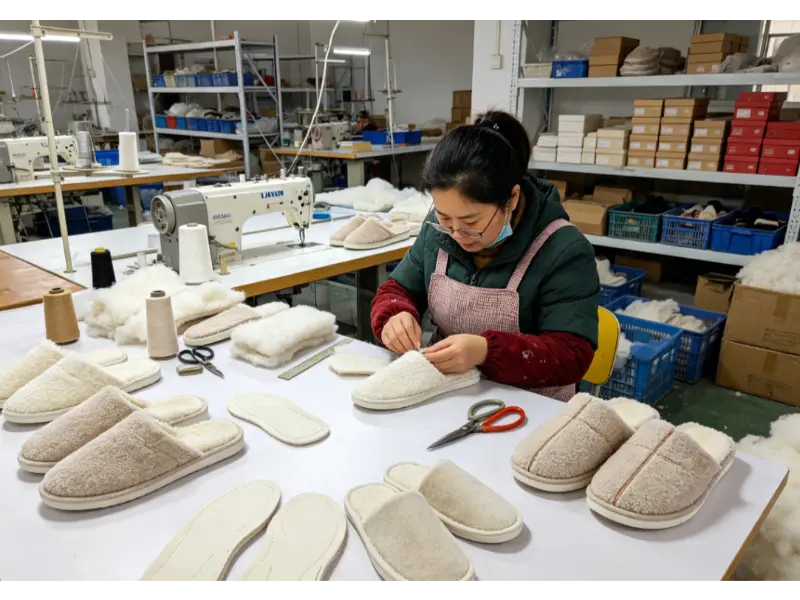 Workers manufacturing Fuzzy Fur Indoor House Bedroom Slipper for Women with footwear production craftsmanship